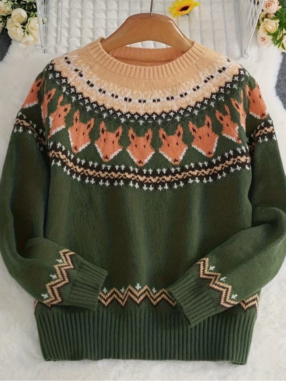 Woodland Fox Fair Isle Sweater | Forest Green Cozy Knit Pullover - Picture 2 of 13
